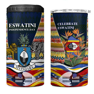 Eswatini Independence Day 4 in 1 Can Cooler Tumbler Freedom Pride - Lion Elephant - Strelitzia Flowers