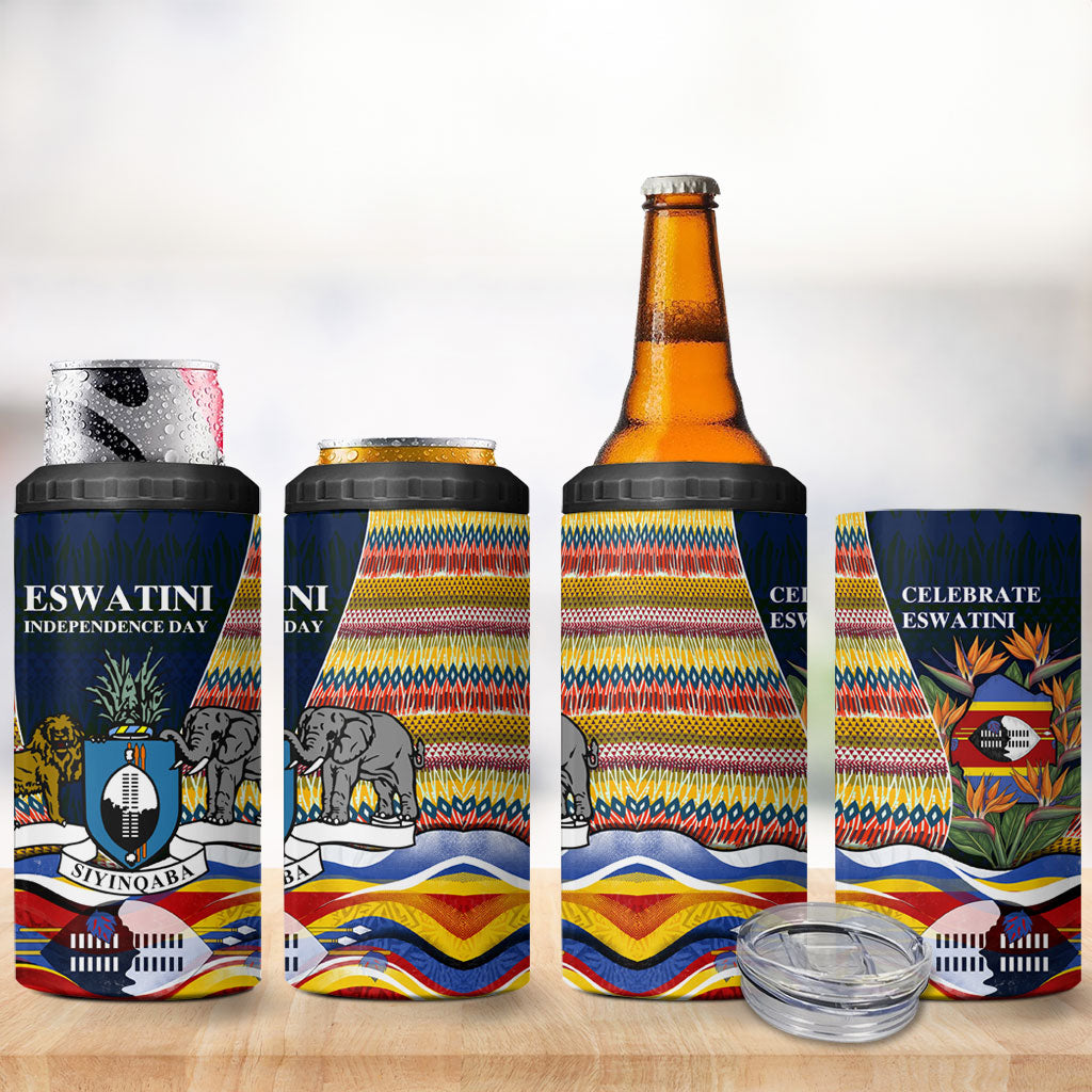 Eswatini Independence Day 4 in 1 Can Cooler Tumbler Freedom Pride - Lion Elephant - Strelitzia Flowers