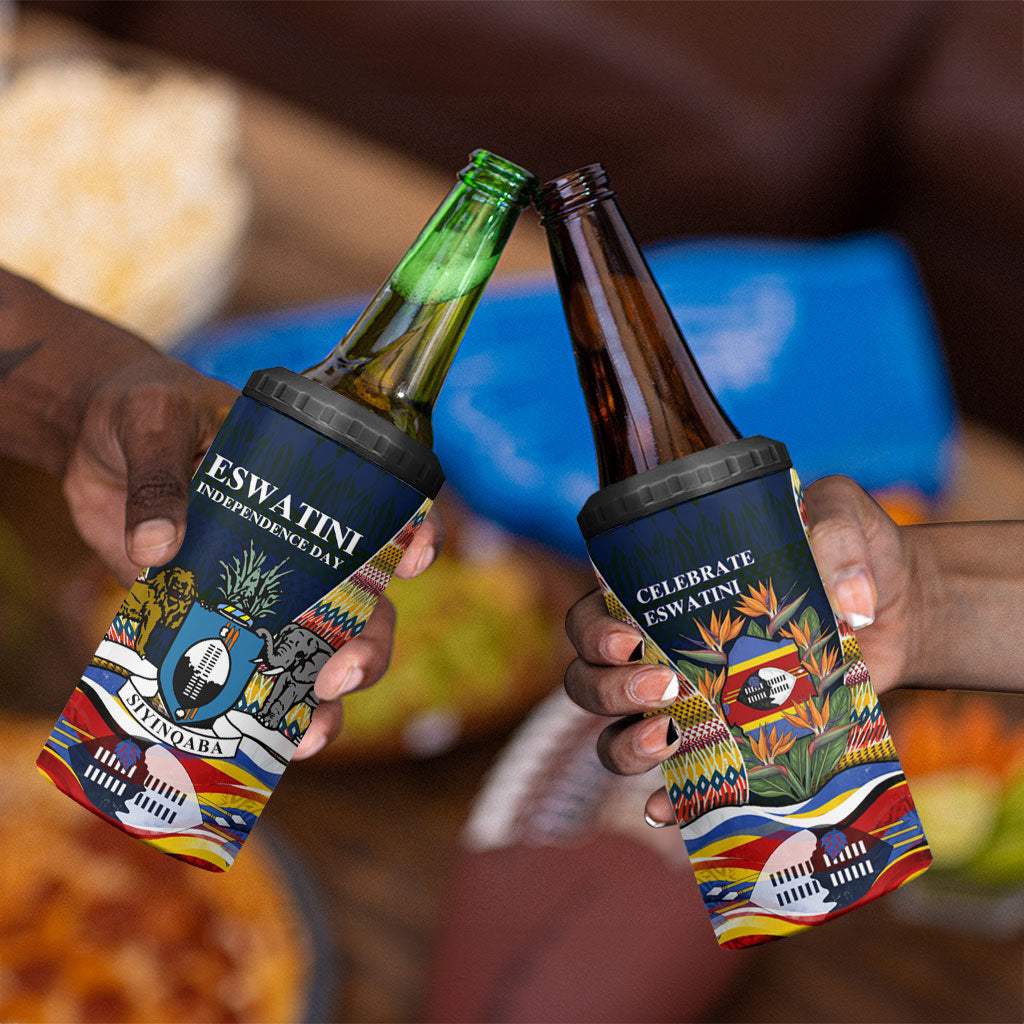 Eswatini Independence Day 4 in 1 Can Cooler Tumbler Freedom Pride - Lion Elephant - Strelitzia Flowers