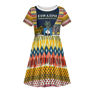 Eswatini Independence Day Kid Short Sleeve Dress Freedom Pride - Lion Elephant - Strelitzia Flowers