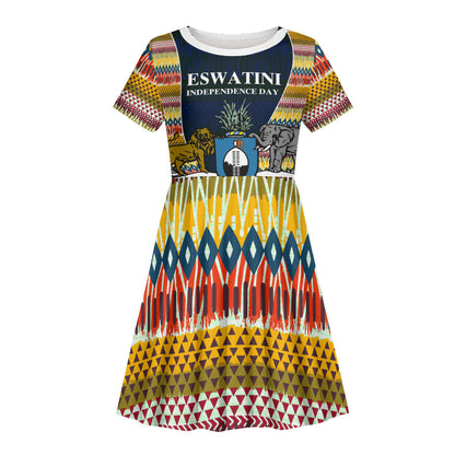 Eswatini Independence Day Kid Short Sleeve Dress Freedom Pride - Lion Elephant - Strelitzia Flowers