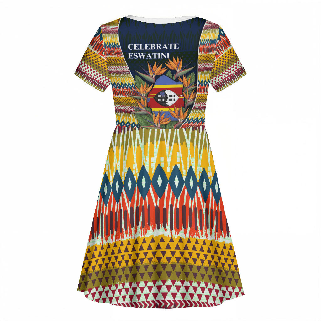 Eswatini Independence Day Kid Short Sleeve Dress Freedom Pride - Lion Elephant - Strelitzia Flowers
