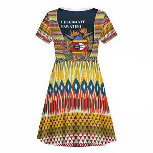 Eswatini Independence Day Kid Short Sleeve Dress Freedom Pride - Lion Elephant - Strelitzia Flowers