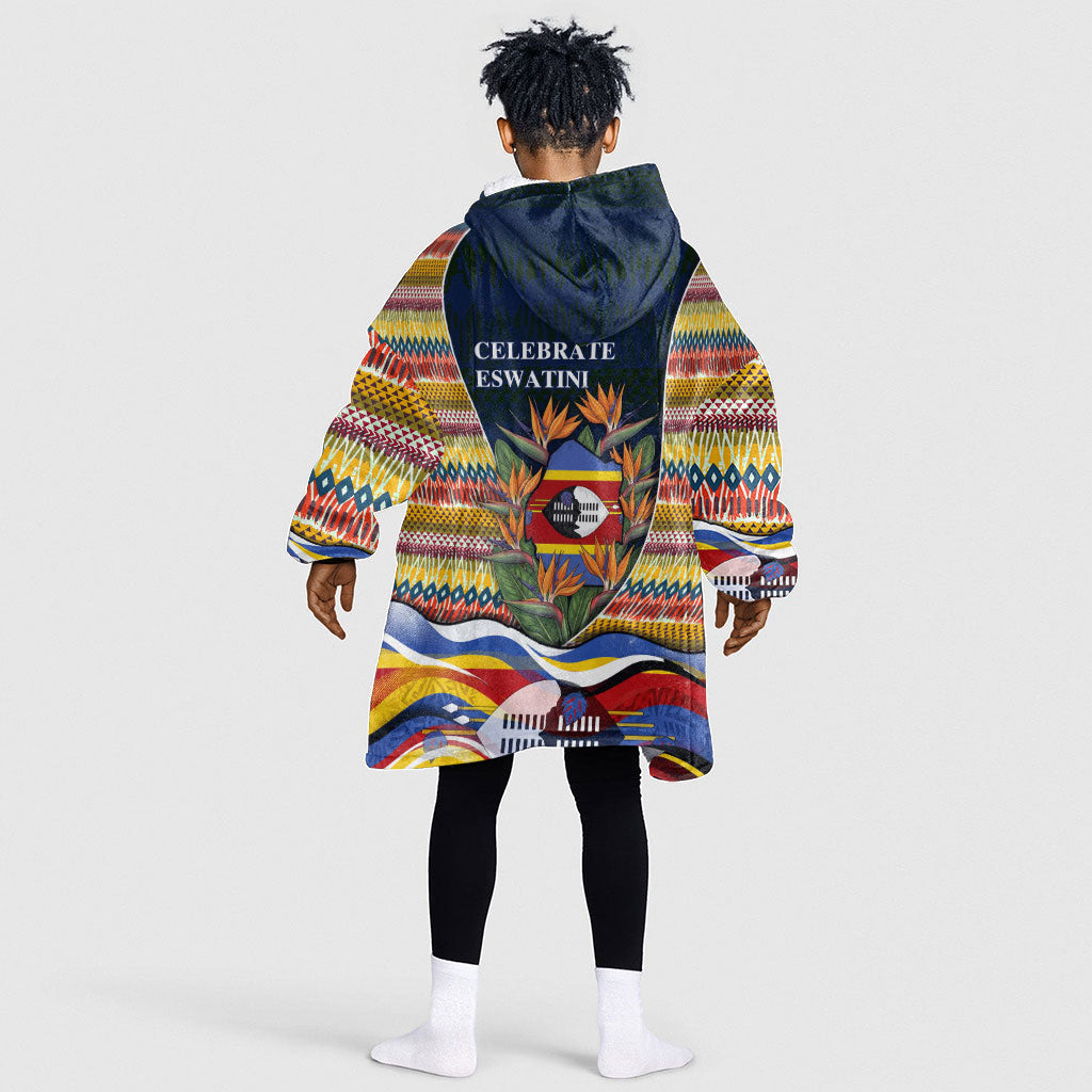 Eswatini Independence Day Kid Wearable Blanket Hoodie Freedom Pride - Lion Elephant - Strelitzia Flowers