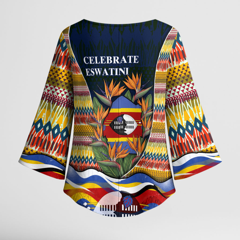 Eswatini Independence Day Kimono Sleeve Blouse Freedom Pride - Lion Elephant - Strelitzia Flowers