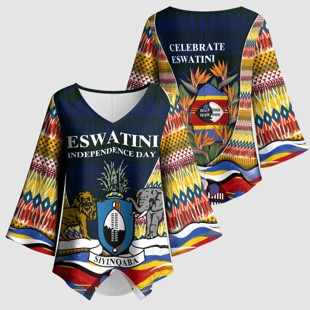 Eswatini Independence Day Kimono Sleeve Blouse Freedom Pride - Lion Elephant - Strelitzia Flowers