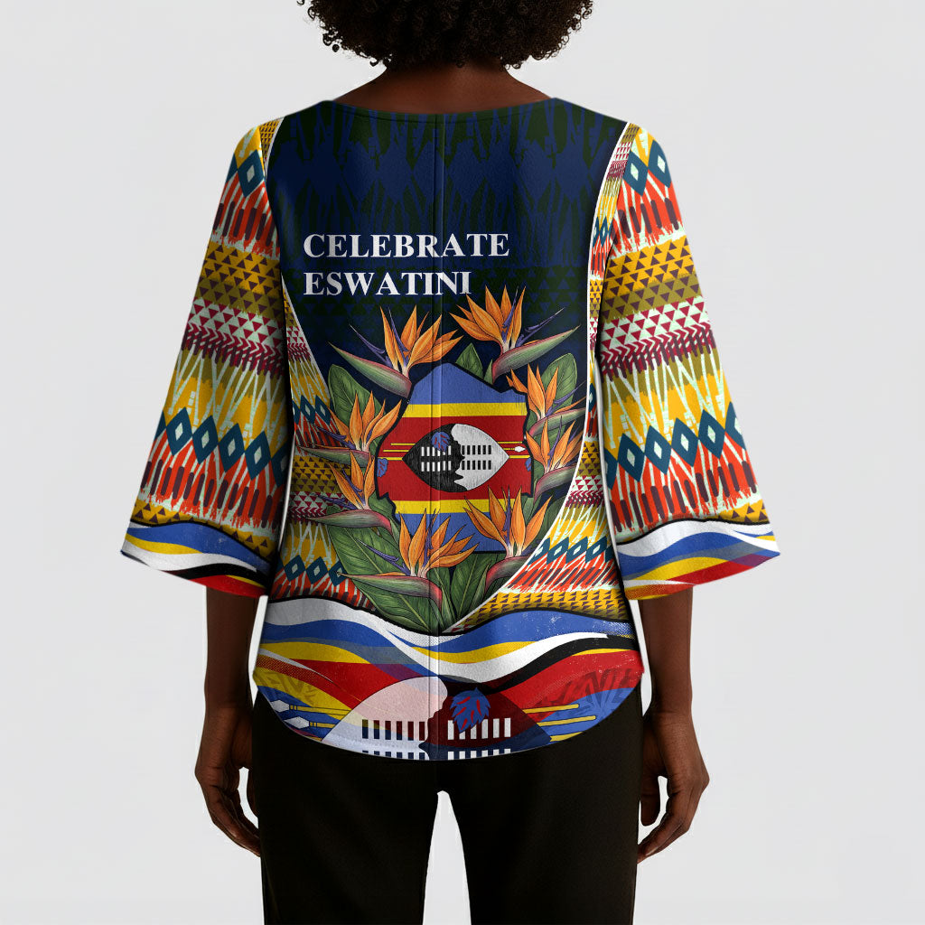 Eswatini Independence Day Kimono Sleeve Blouse Freedom Pride - Lion Elephant - Strelitzia Flowers