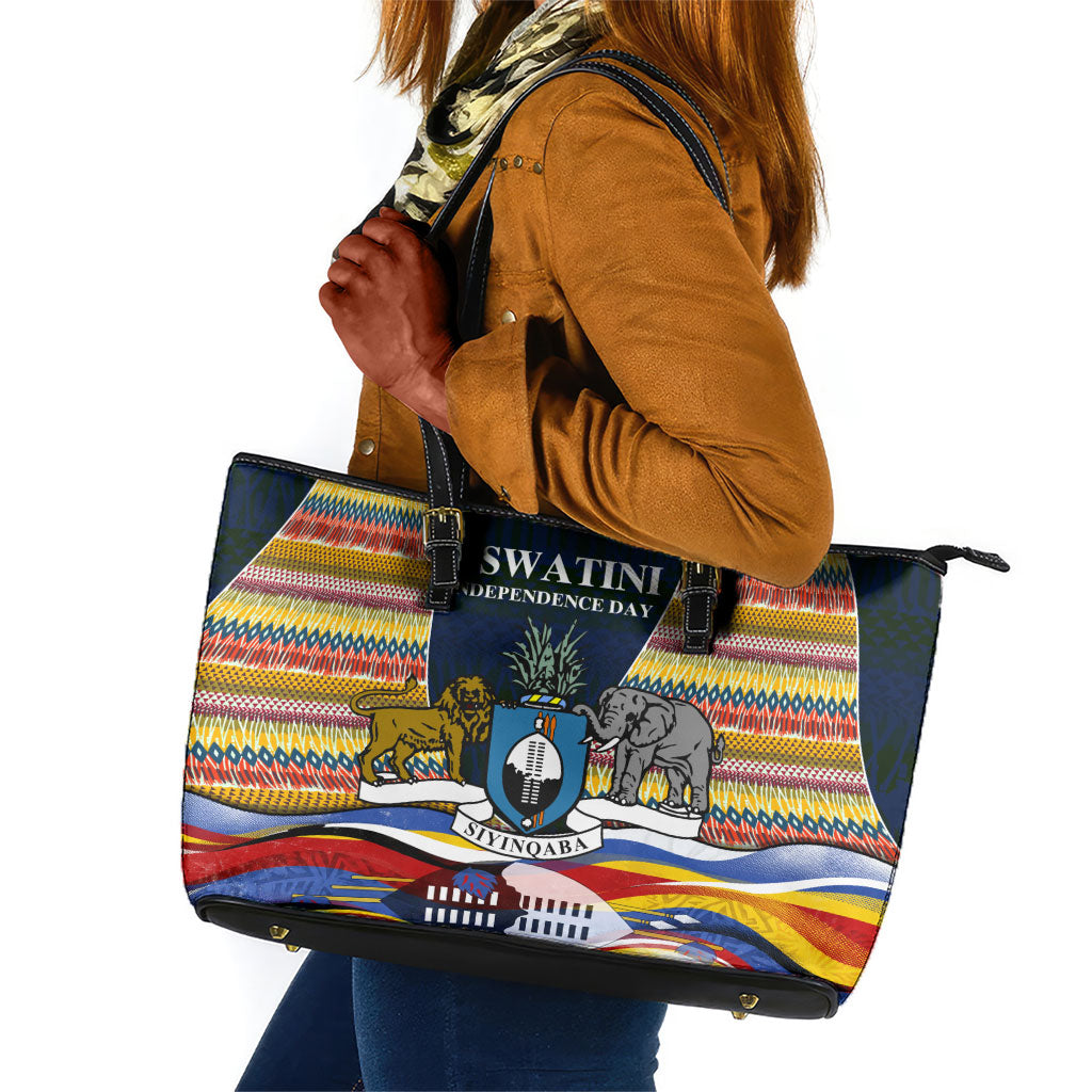 Eswatini Independence Day Leather Tote Bag Freedom Pride - Lion Elephant - Strelitzia Flowers