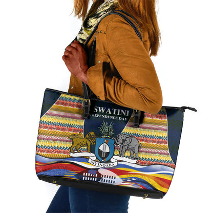 Eswatini Independence Day Leather Tote Bag Freedom Pride - Lion Elephant - Strelitzia Flowers