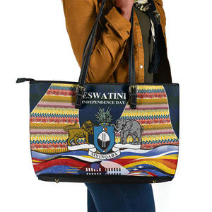 Eswatini Independence Day Leather Tote Bag Freedom Pride - Lion Elephant - Strelitzia Flowers