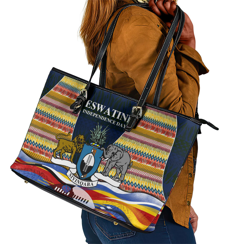 Eswatini Independence Day Leather Tote Bag Freedom Pride - Lion Elephant - Strelitzia Flowers