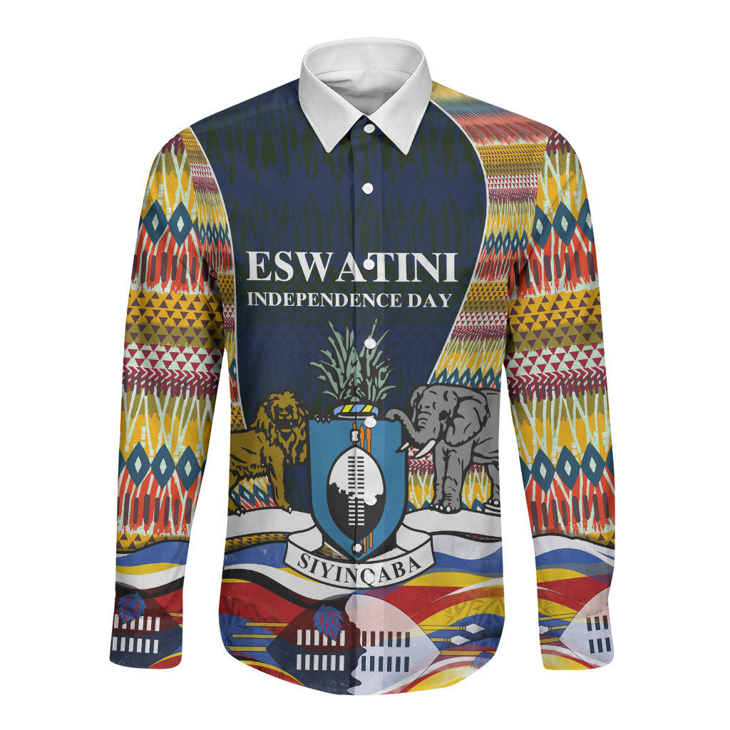 Eswatini Independence Day Long Sleeve Button Shirt Freedom Pride - Lion Elephant - Strelitzia Flowers