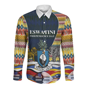 Eswatini Independence Day Long Sleeve Button Shirt Freedom Pride - Lion Elephant - Strelitzia Flowers