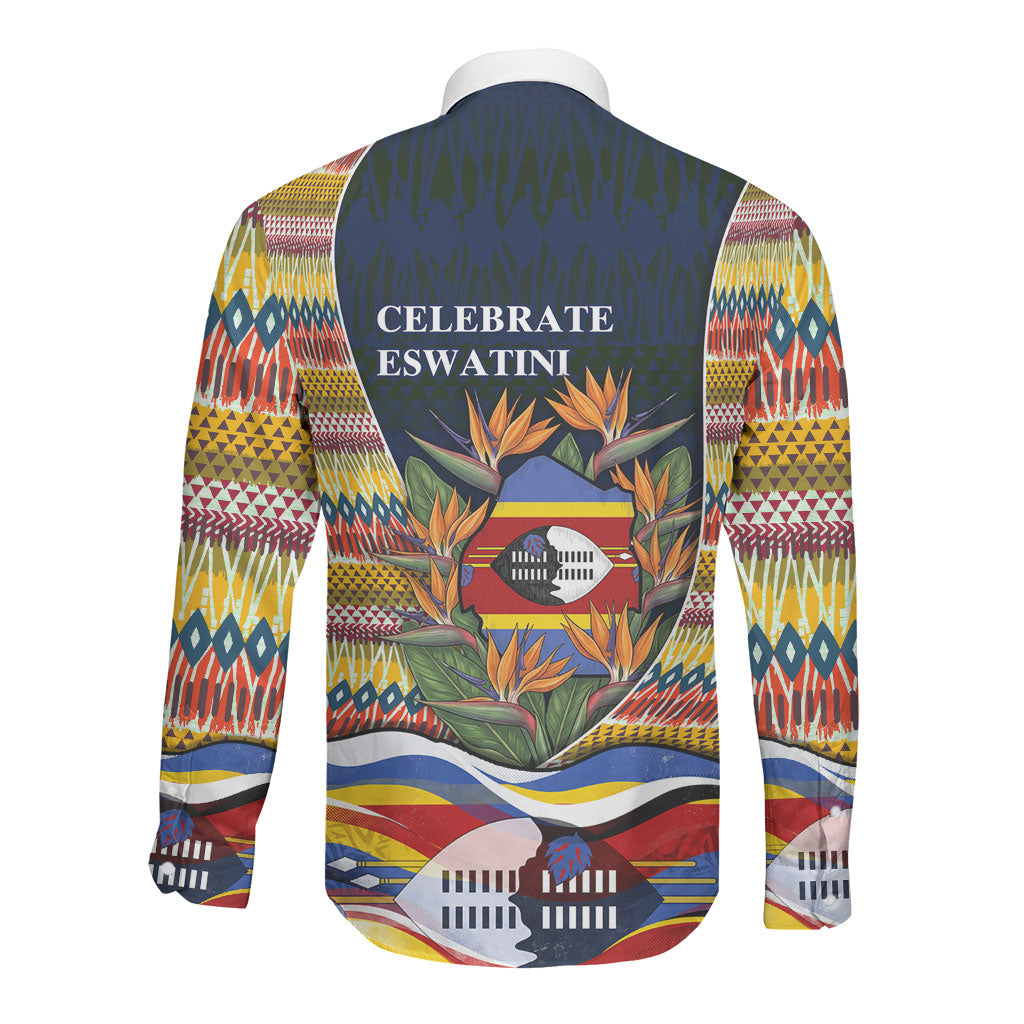 Eswatini Independence Day Long Sleeve Button Shirt Freedom Pride - Lion Elephant - Strelitzia Flowers