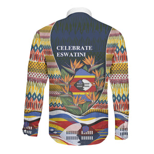 Eswatini Independence Day Long Sleeve Button Shirt Freedom Pride - Lion Elephant - Strelitzia Flowers