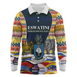 Eswatini Independence Day Long Sleeve Polo Shirt Freedom Pride - Lion Elephant - Strelitzia Flowers