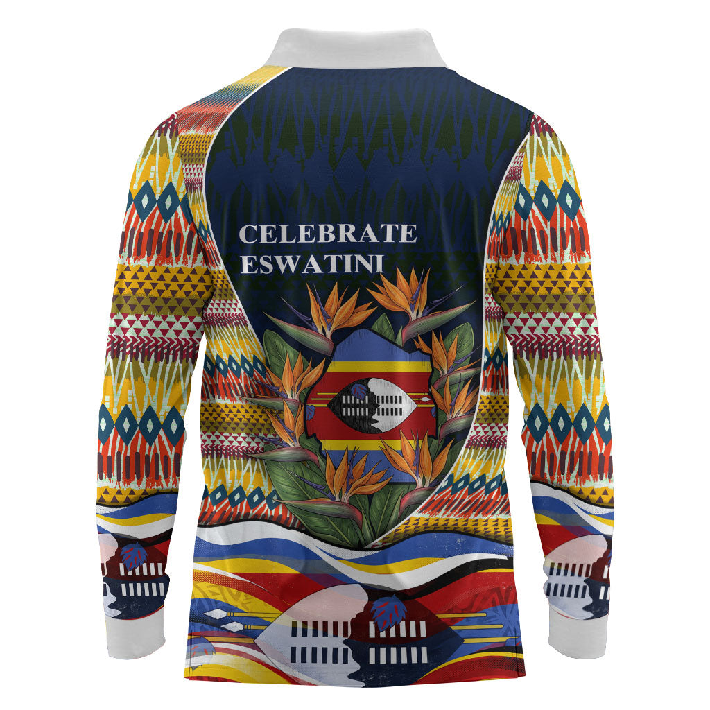 Eswatini Independence Day Long Sleeve Polo Shirt Freedom Pride - Lion Elephant - Strelitzia Flowers