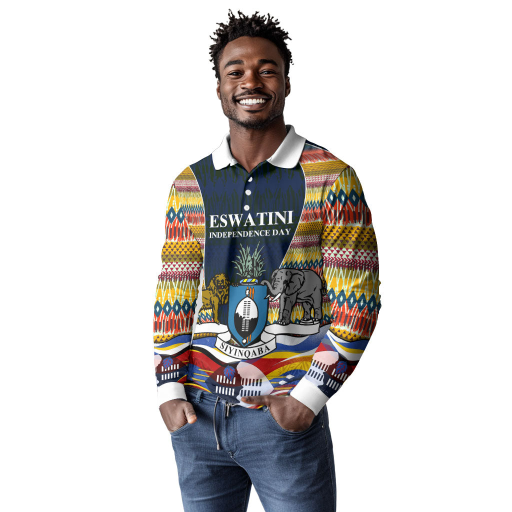 Eswatini Independence Day Long Sleeve Polo Shirt Freedom Pride - Lion Elephant - Strelitzia Flowers