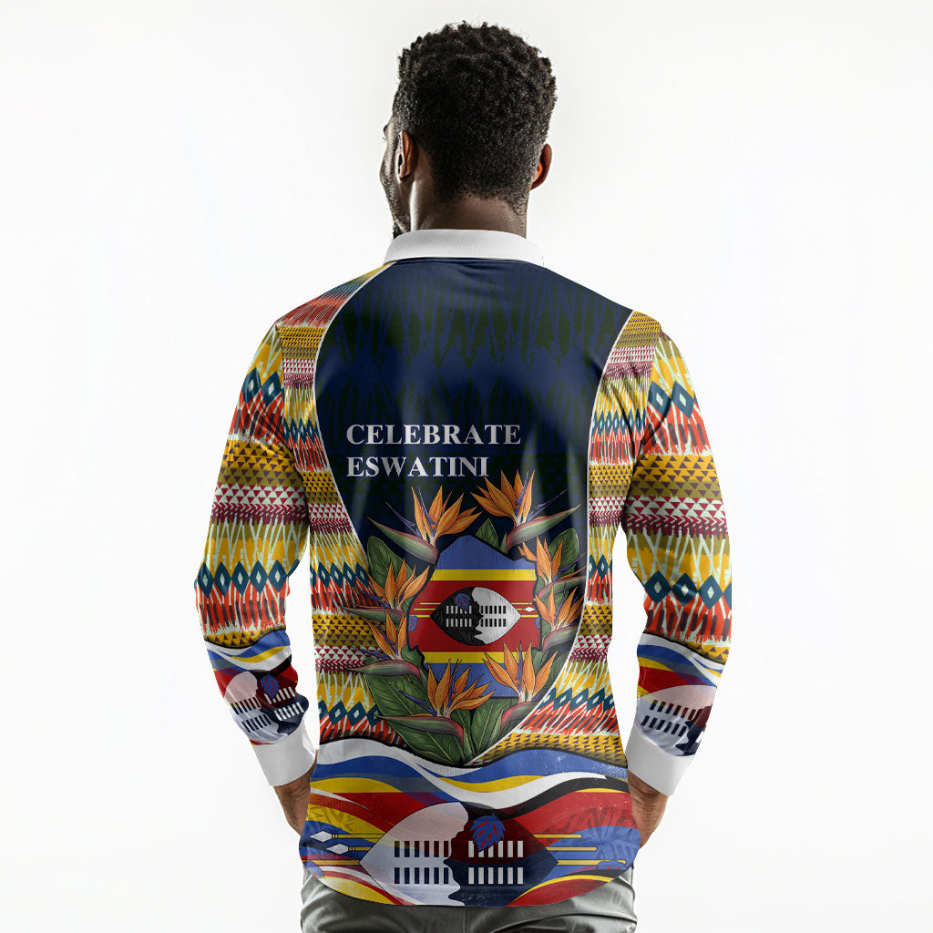 Eswatini Independence Day Long Sleeve Polo Shirt Freedom Pride - Lion Elephant - Strelitzia Flowers