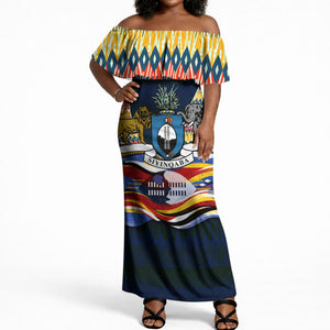 Eswatini Independence Day Off Shoulder Maxi Dress Freedom Pride - Lion Elephant - Strelitzia Flowers