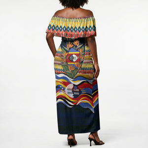 Eswatini Independence Day Off Shoulder Maxi Dress Freedom Pride - Lion Elephant - Strelitzia Flowers