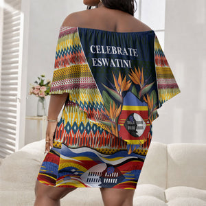 Eswatini Independence Day Off Shoulder Short Dress Freedom Pride - Lion Elephant - Strelitzia Flowers