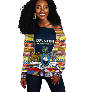 Eswatini Independence Day Off Shoulder Sweater Freedom Pride - Lion Elephant - Strelitzia Flowers