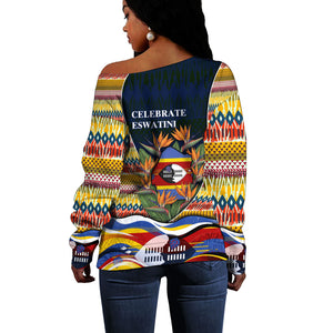 Eswatini Independence Day Off Shoulder Sweater Freedom Pride - Lion Elephant - Strelitzia Flowers