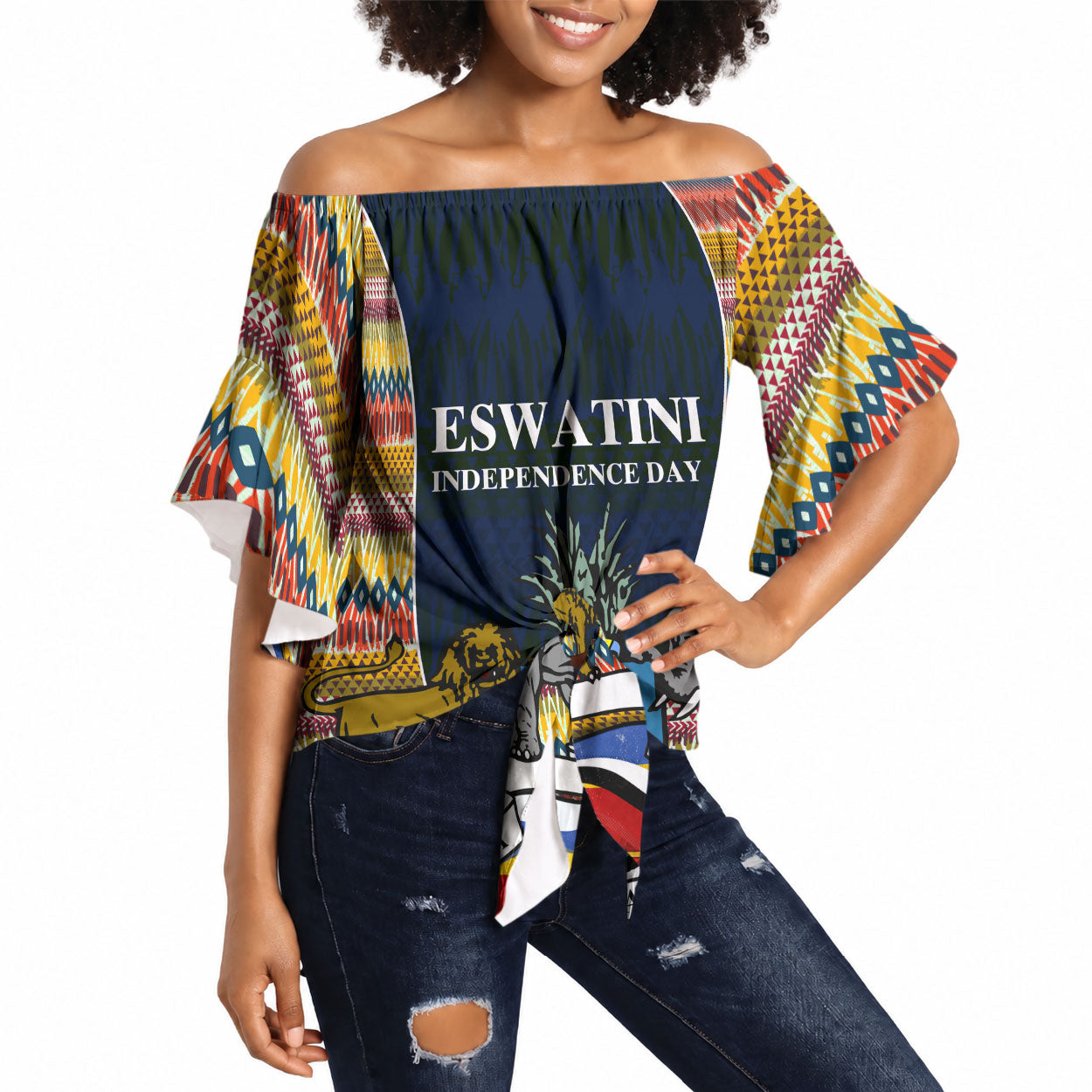 Eswatini Independence Day Off Shoulder Wrap Waist Top Freedom Pride - Lion Elephant - Strelitzia Flowers