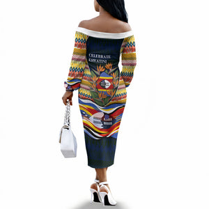 Eswatini Independence Day Off The Shoulder Long Sleeve Dress Freedom Pride - Lion Elephant - Strelitzia Flowers