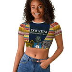 Eswatini Independence Day Raglan Cropped T shirt Freedom Pride - Lion Elephant - Strelitzia Flowers