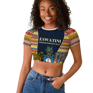 Eswatini Independence Day Raglan Cropped T shirt Freedom Pride - Lion Elephant - Strelitzia Flowers