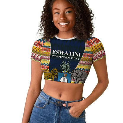 Eswatini Independence Day Raglan Cropped T shirt Freedom Pride - Lion Elephant - Strelitzia Flowers