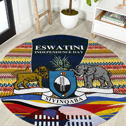 Eswatini Independence Day Round Carpet Freedom Pride - Lion Elephant - Strelitzia Flowers