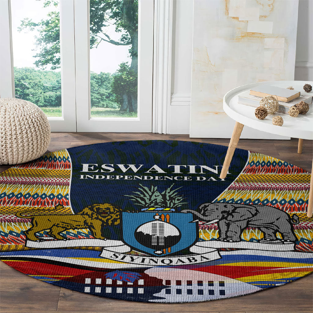 Eswatini Independence Day Round Carpet Freedom Pride - Lion Elephant - Strelitzia Flowers