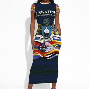 Eswatini Independence Day Short Sleeve Bodycon Dress Freedom Pride - Lion Elephant - Strelitzia Flowers
