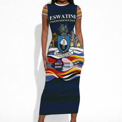 Eswatini Independence Day Short Sleeve Bodycon Dress Freedom Pride - Lion Elephant - Strelitzia Flowers