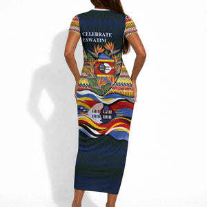 Eswatini Independence Day Short Sleeve Bodycon Dress Freedom Pride - Lion Elephant - Strelitzia Flowers
