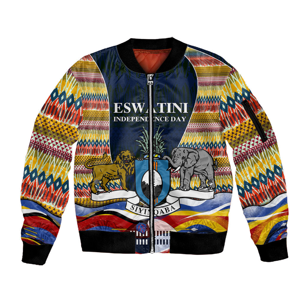 Eswatini Independence Day Sleeve Zip Bomber Jacket Freedom Pride - Lion Elephant - Strelitzia Flowers