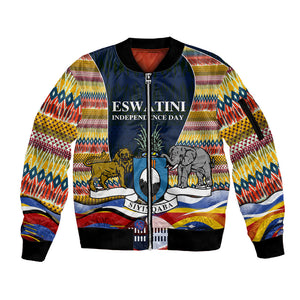 Eswatini Independence Day Sleeve Zip Bomber Jacket Freedom Pride - Lion Elephant - Strelitzia Flowers