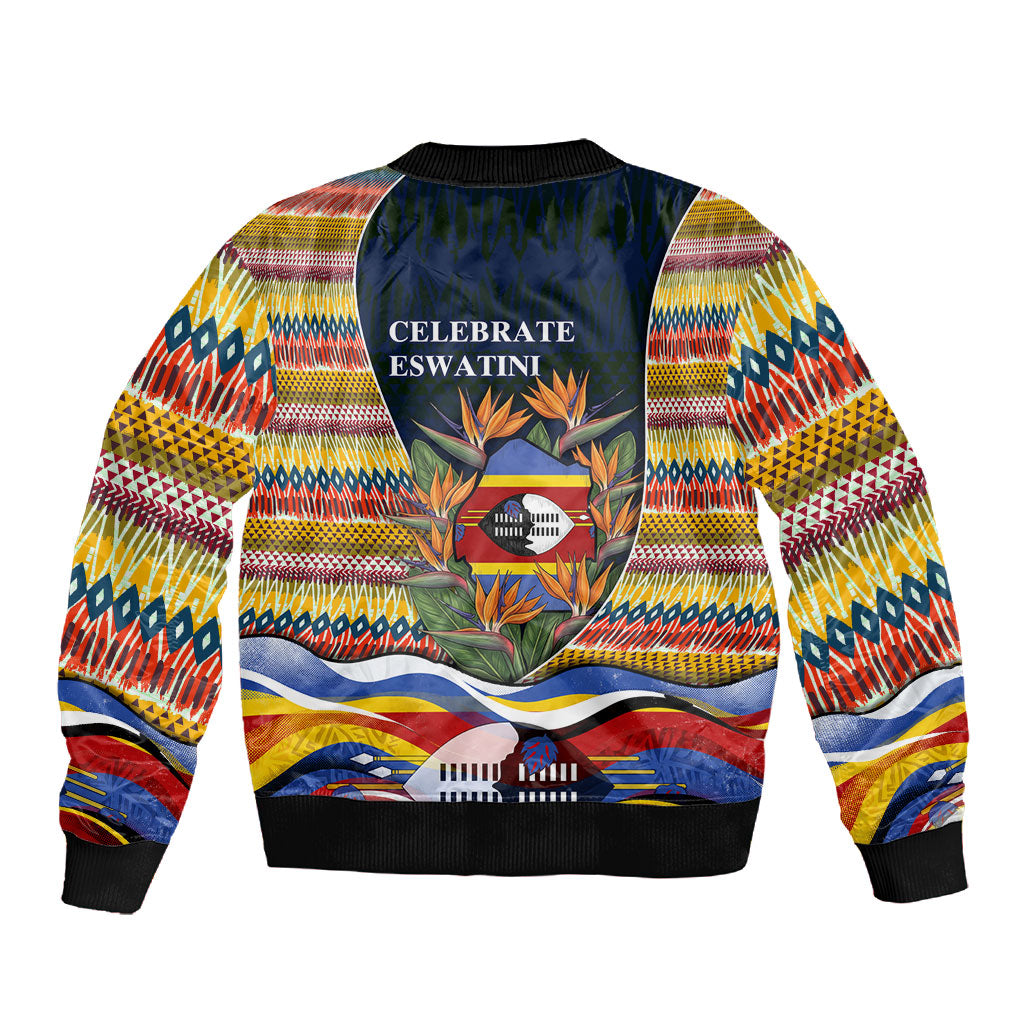 Eswatini Independence Day Sleeve Zip Bomber Jacket Freedom Pride - Lion Elephant - Strelitzia Flowers