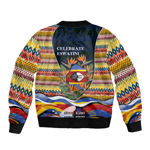 Eswatini Independence Day Sleeve Zip Bomber Jacket Freedom Pride - Lion Elephant - Strelitzia Flowers