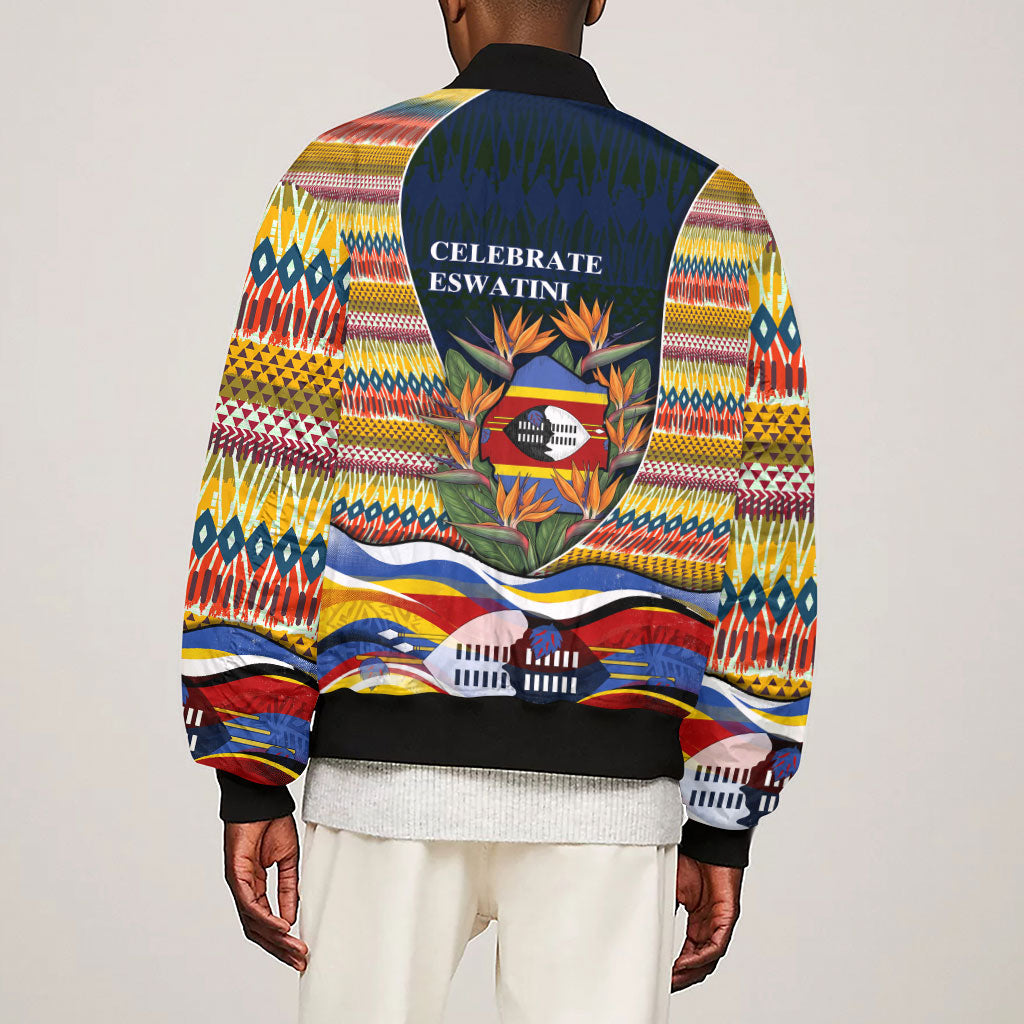 Eswatini Independence Day Sleeve Zip Bomber Jacket Freedom Pride - Lion Elephant - Strelitzia Flowers