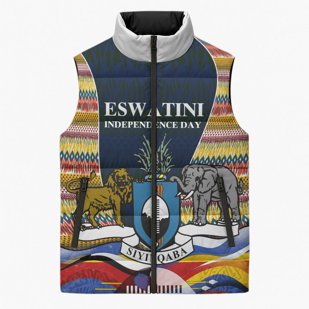 Eswatini Independence Day Sleeveless Puffer Jacket Freedom Pride - Lion Elephant - Strelitzia Flowers