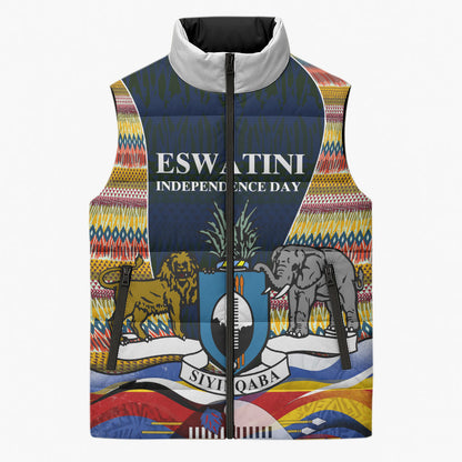 Eswatini Independence Day Sleeveless Puffer Jacket Freedom Pride - Lion Elephant - Strelitzia Flowers