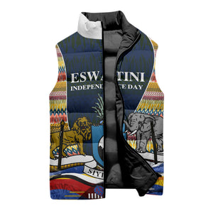 Eswatini Independence Day Sleeveless Puffer Jacket Freedom Pride - Lion Elephant - Strelitzia Flowers
