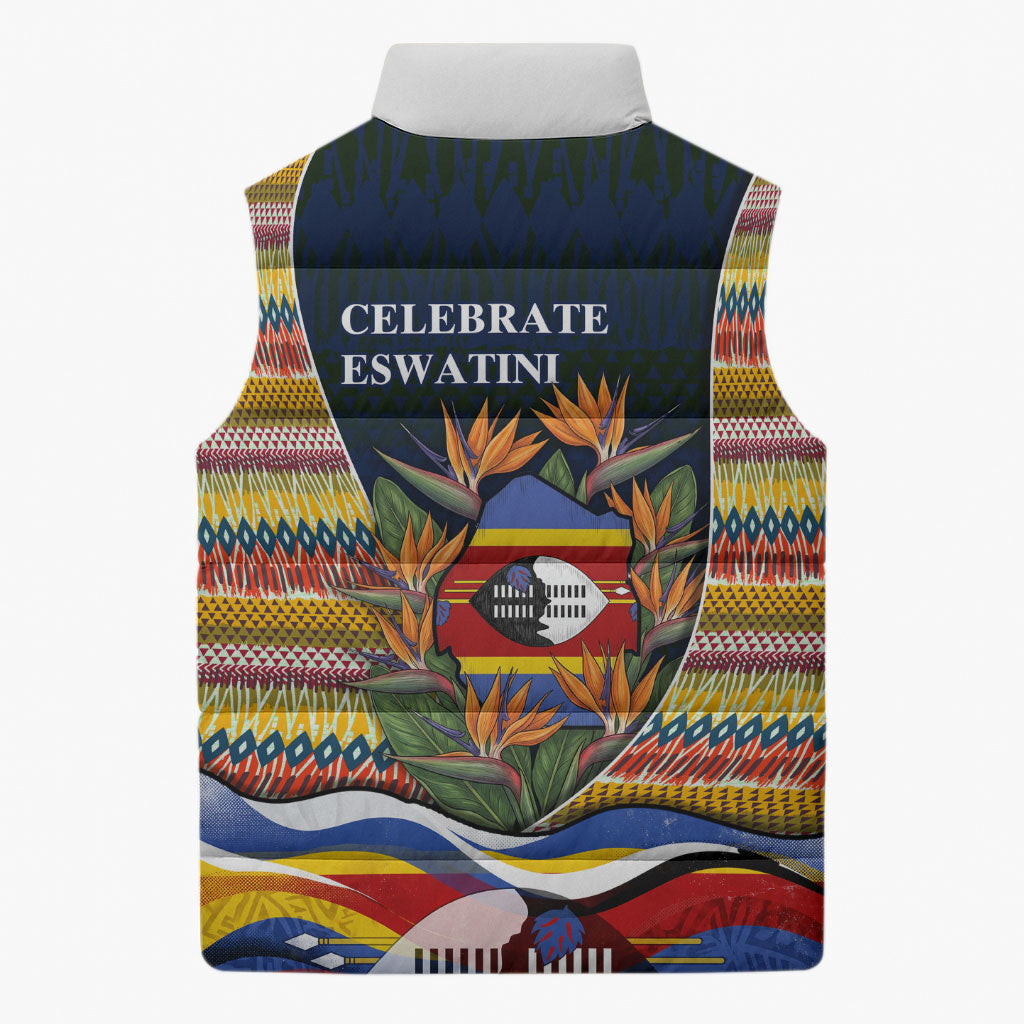 Eswatini Independence Day Sleeveless Puffer Jacket Freedom Pride - Lion Elephant - Strelitzia Flowers