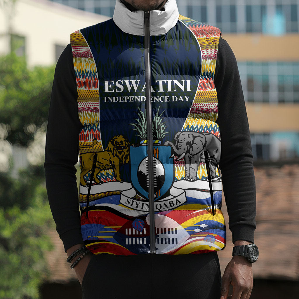 Eswatini Independence Day Sleeveless Puffer Jacket Freedom Pride - Lion Elephant - Strelitzia Flowers