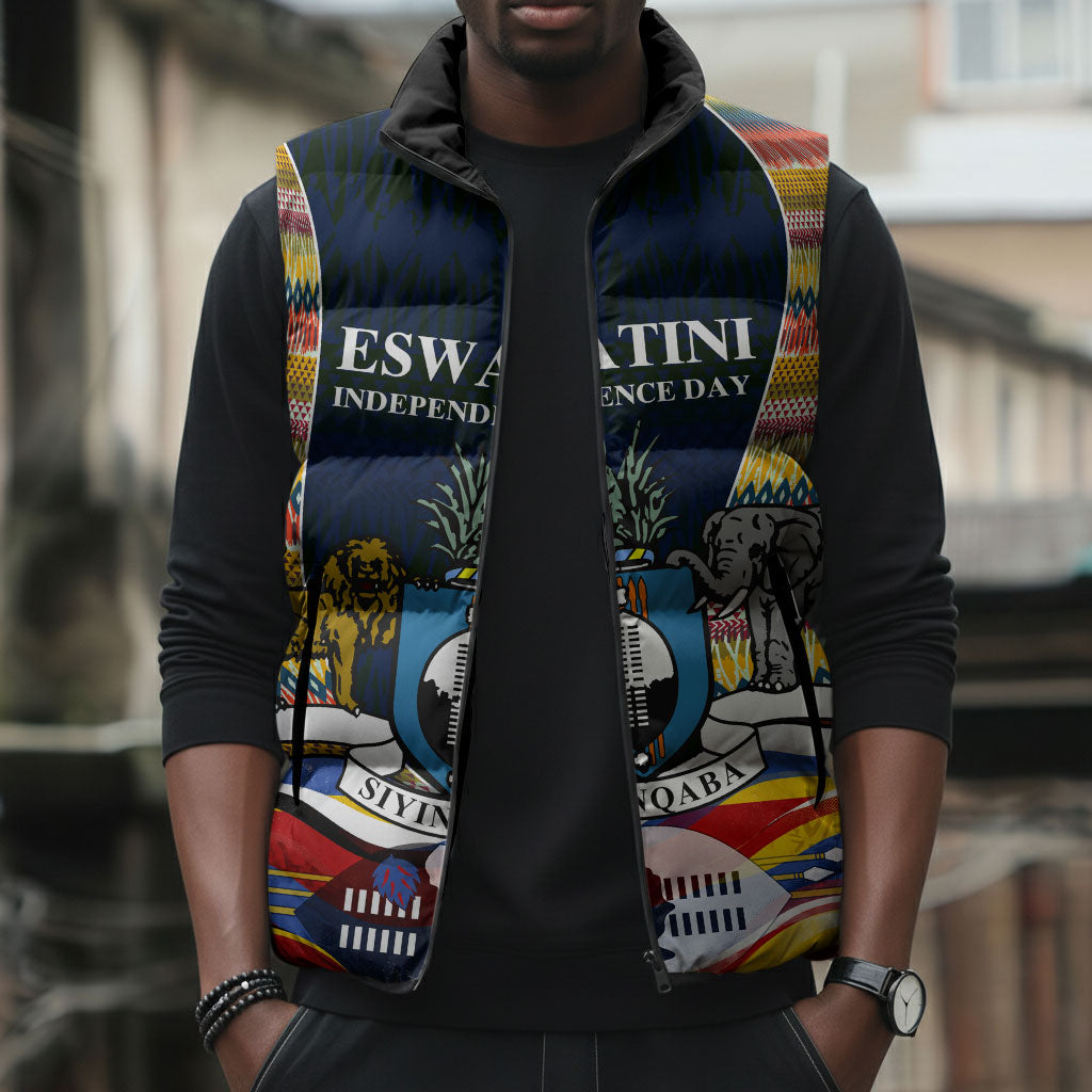Eswatini Independence Day Sleeveless Puffer Jacket Freedom Pride - Lion Elephant - Strelitzia Flowers