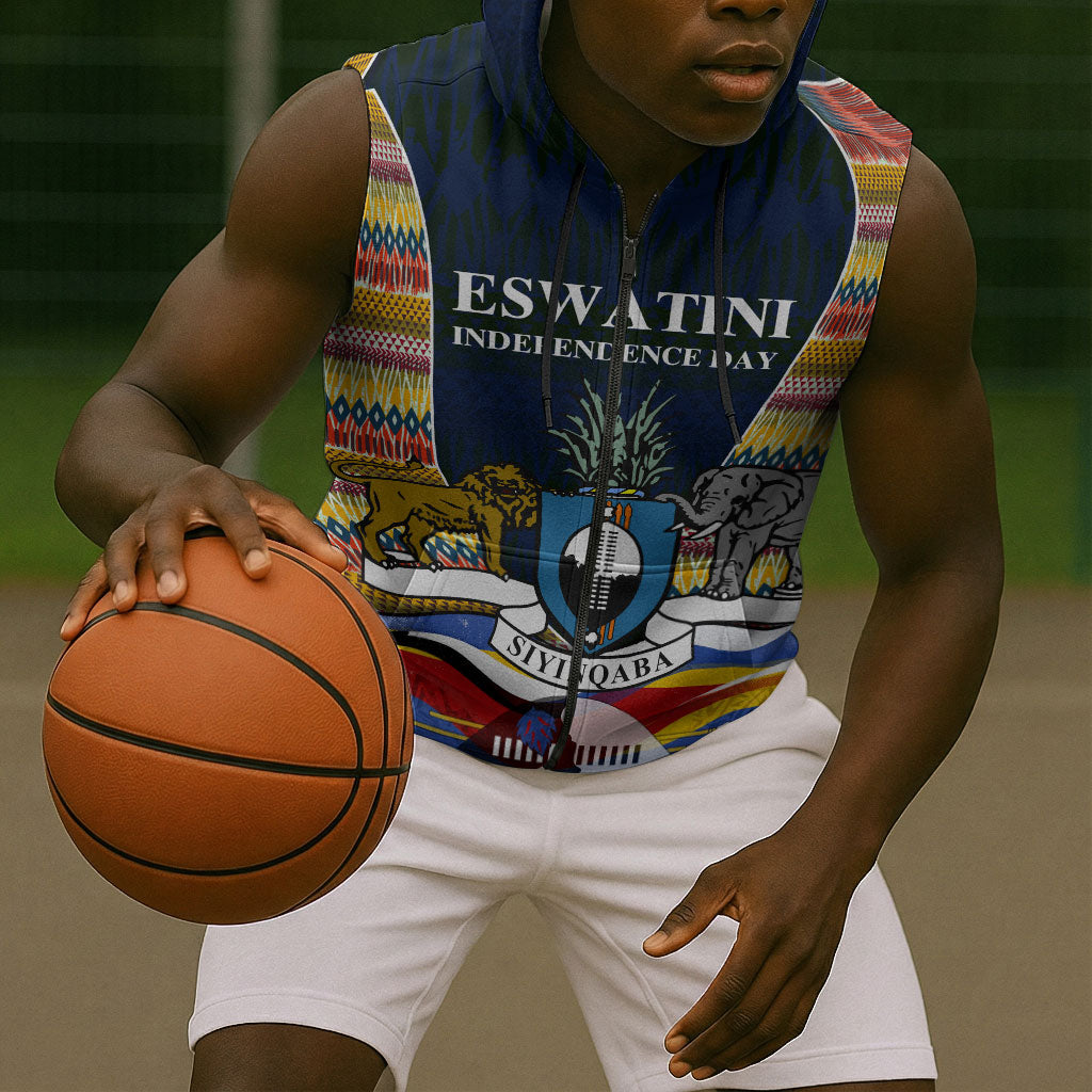 Eswatini Independence Day Sleeveless Zip Hoodie Freedom Pride - Lion Elephant - Strelitzia Flowers